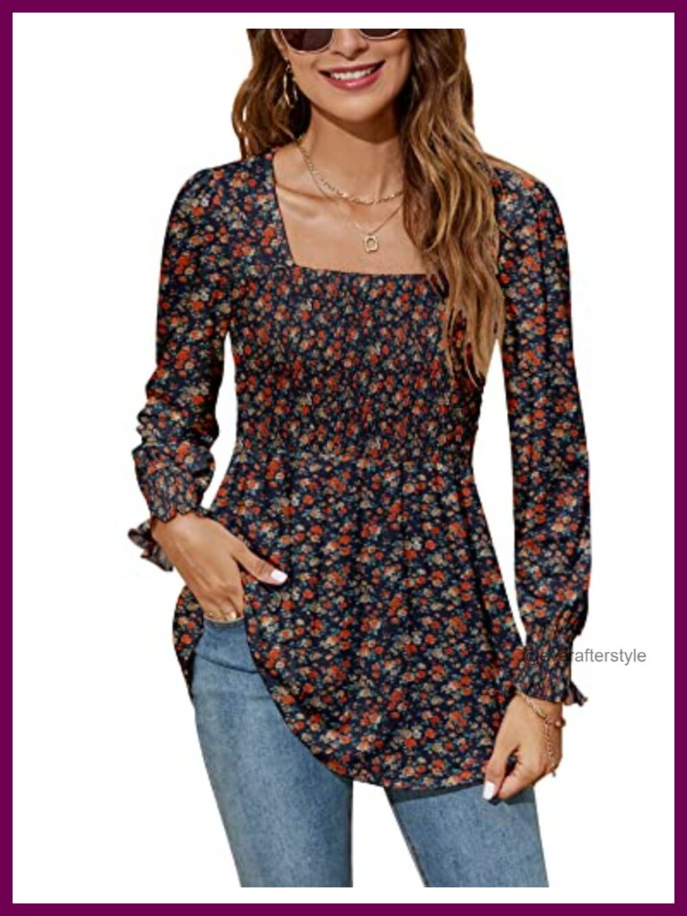 Smocked Tunic Top Square Neck Puff Long Sleeve Blouse